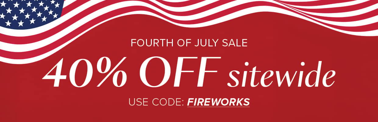 A 'FOURTH OF JULY SALE' banner with '40% OFF sitewide' prominently displayed in white text, and 'USE CODE: FIREWORKS' below, all set against a red bac...