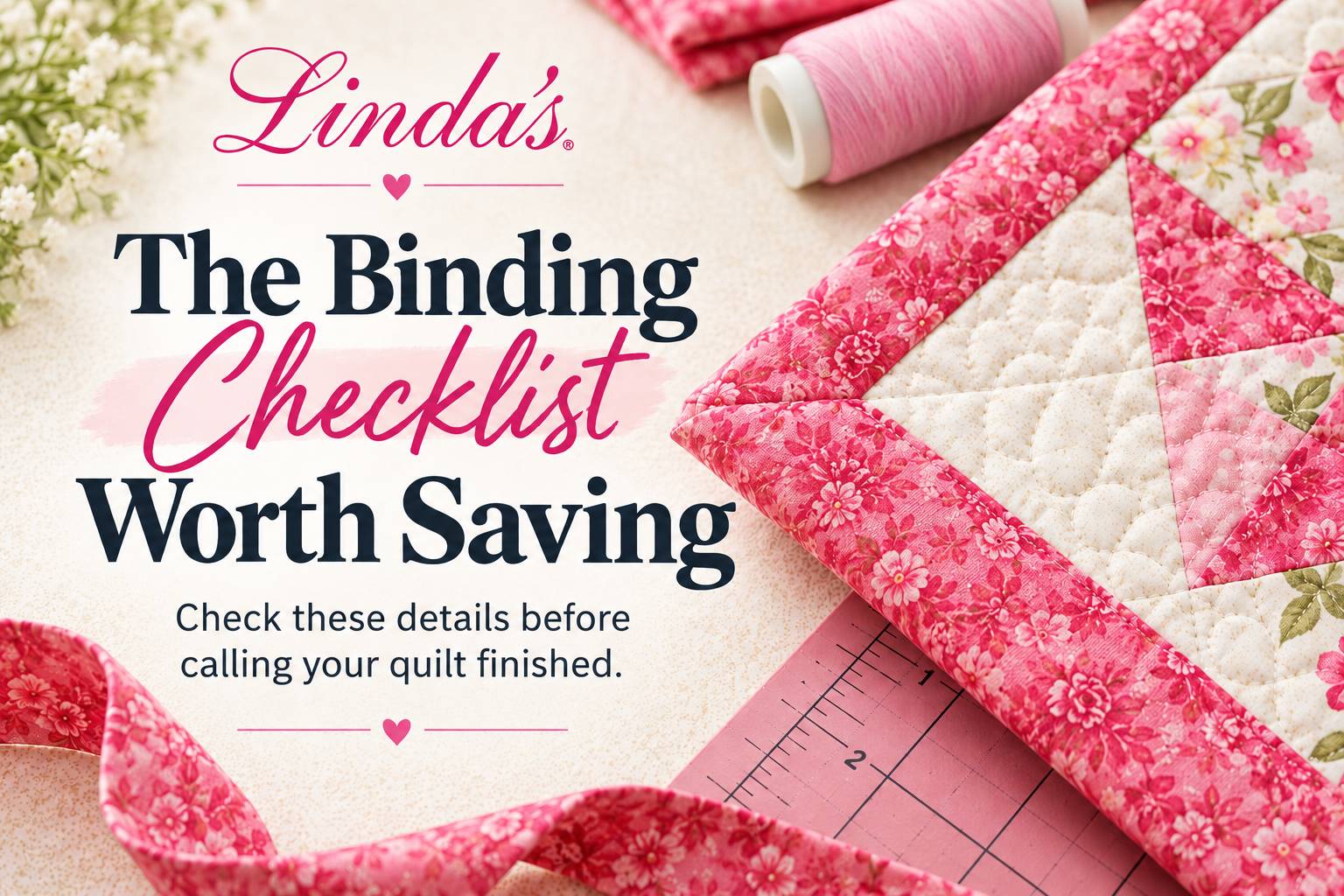 Wide overhead composition of a cream-colored sewing surface with a pink-and-white floral quilt, pink thread spool, small white flowers, and a pink mea...