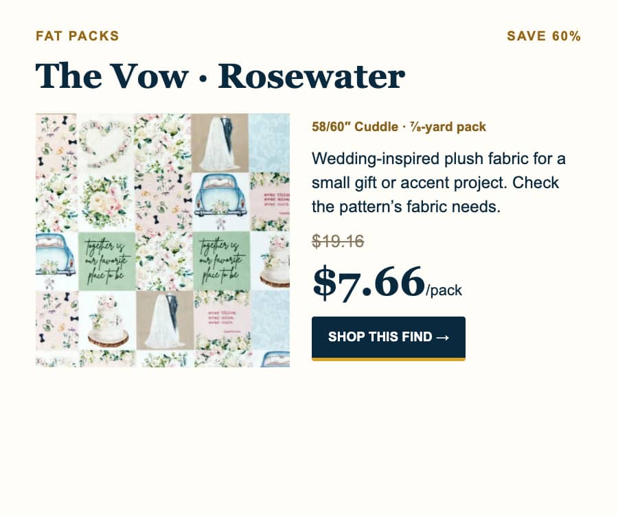 A wide product promotion on a white background places a patchwork fabric collage on the left and pricing and a dark navy button on the right; the past...