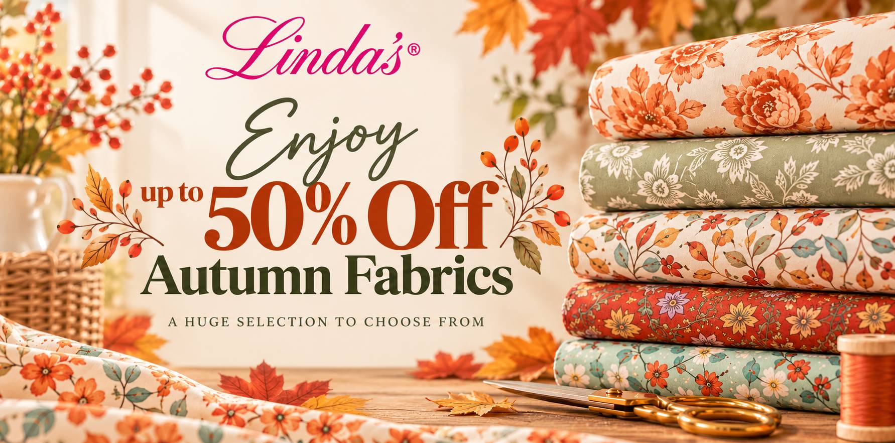 Wide, warmly lit autumn fabric display with stacked rolls of floral-print cloth in cream, sage green, rust, and muted teal on the right, and loose fab...