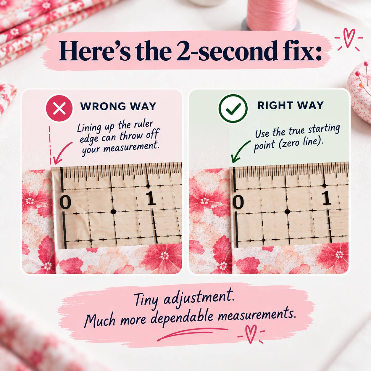 Side-by-side comparison of two quilting rulers on floral fabric showing a zero line flush with the edge versus a zero line set slightly inside the edge