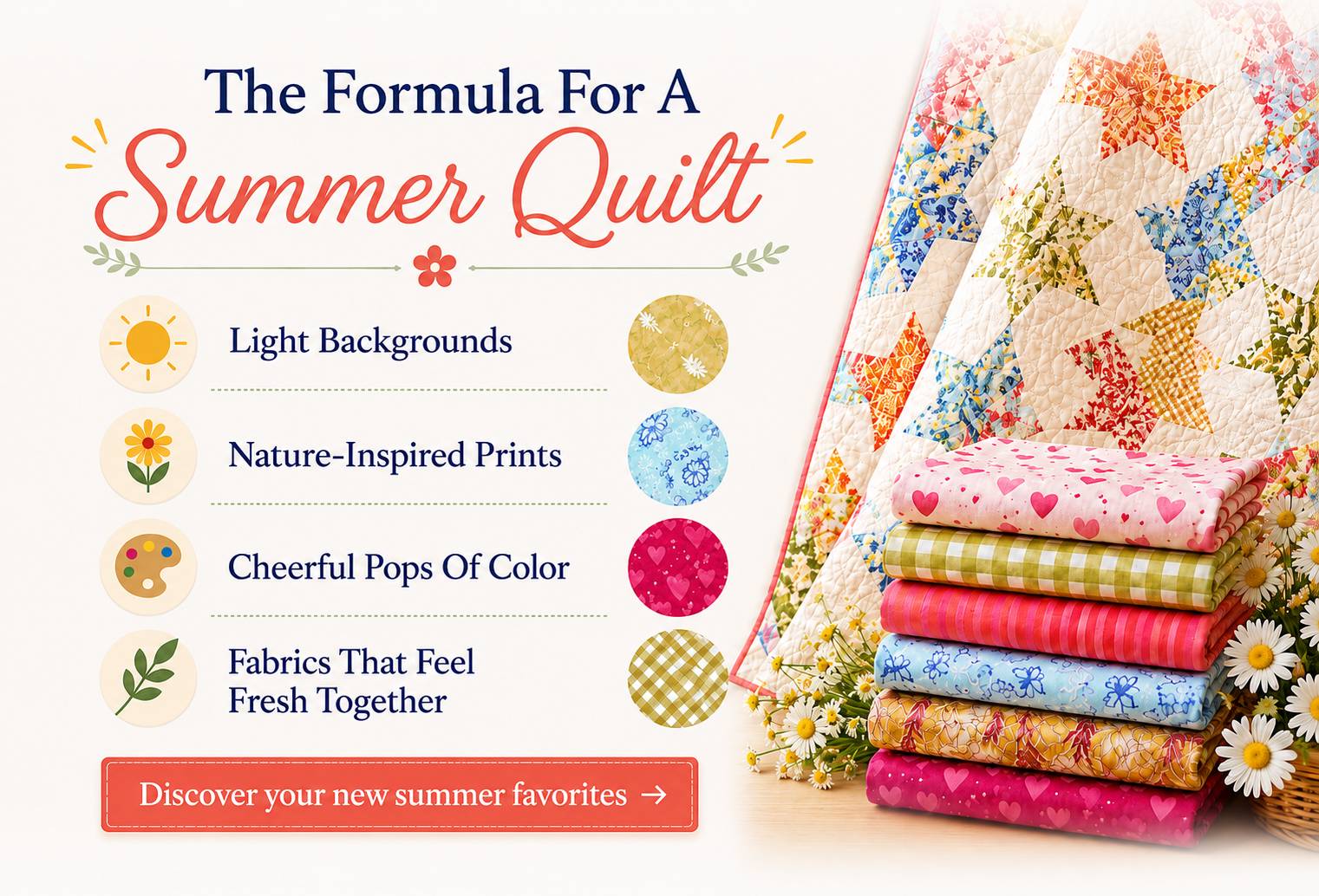 The formula for a summer quilt: light backgrounds, nature-inspired prints, cheerful pops of color, and fabrics that feel light