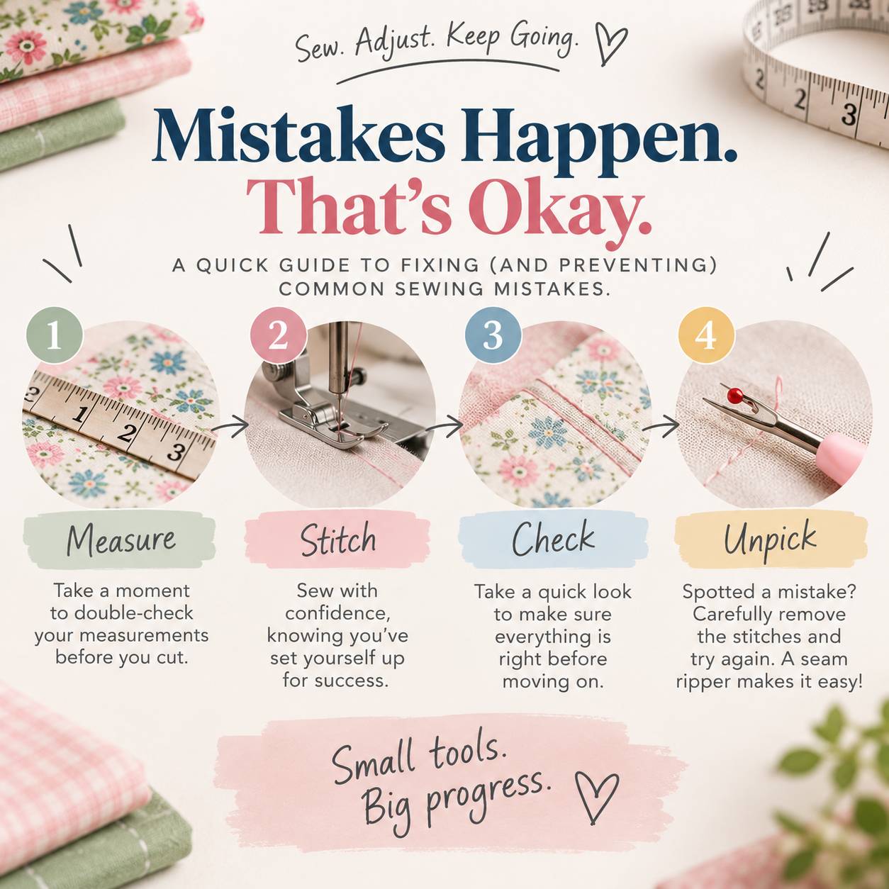 Quick guide infographic: Mistakes Happen, That's Okay – Sew, Adjust, Keep Going – tips for fixing and preventing common sewing mistakes with a seam ripper