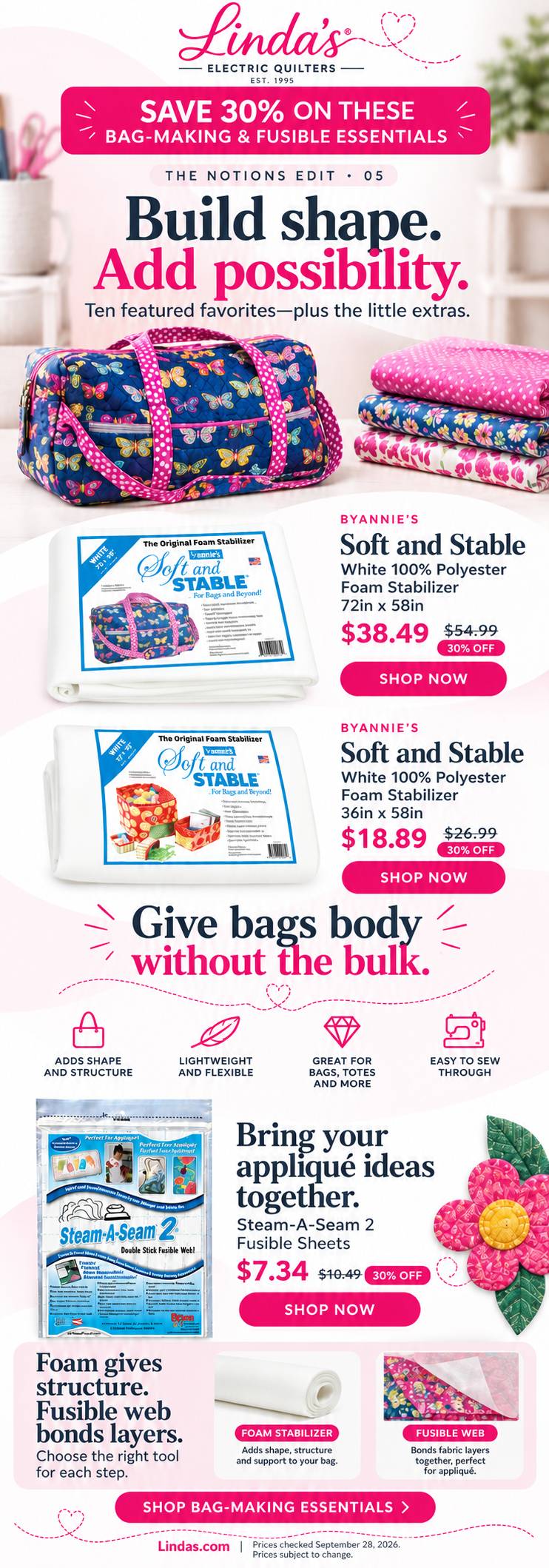 A tall, pink-and-white quilting supplies advertisement shows a navy butterfly-print bag with pink polka-dot straps beside folded floral fabrics, with ...