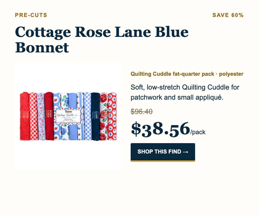 A wide, straight-on product promotion on a warm white background shows a row of folded quilting fabric in red, pink, light blue, and navy prints besid...