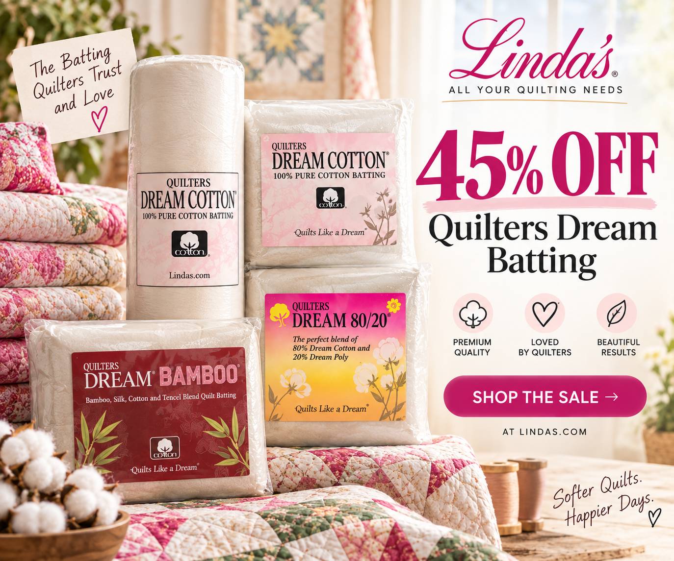 Quilters Dream Cotton 100% pure cotton batting rolls and packages on sale at Linda's
