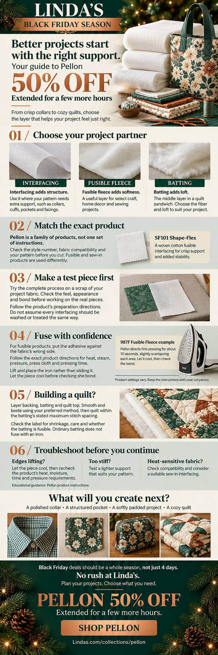 A tall, full-page holiday craft-sale infographic combines cream, pale sage, and deep green panels with copper lettering, showing folded white fabric i...