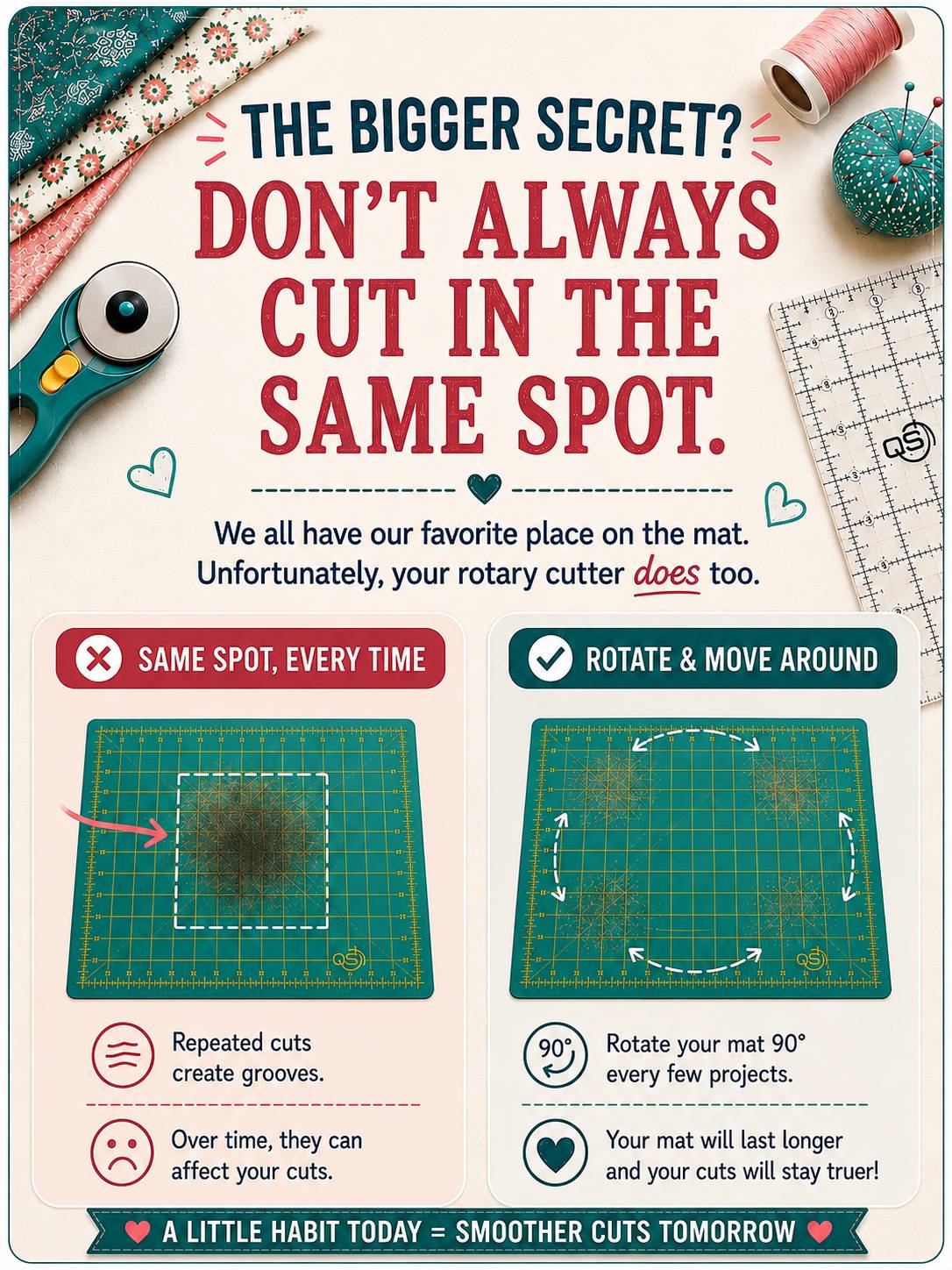 The bigger secret? Don't always cut in the same spot — side-by-side comparison of cutting mat wear patterns