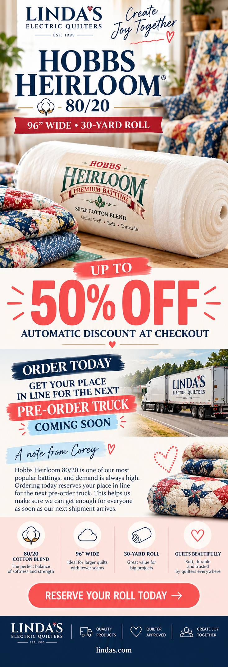 A tall, full-page promotional graphic shows a large white batting roll beside folded colorful patchwork quilts in a warmly lit sewing room, with a qui...