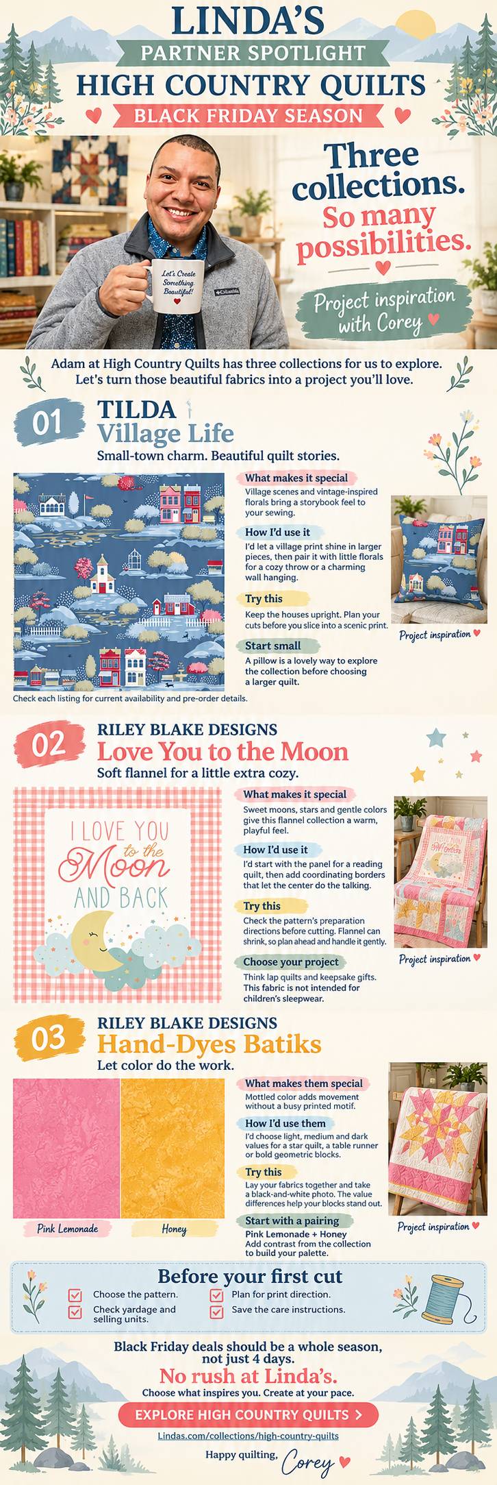 A tall, cream-colored quilting promotional infographic combines a medium portrait of a smiling man holding a printed mug at the top with three numbere...
