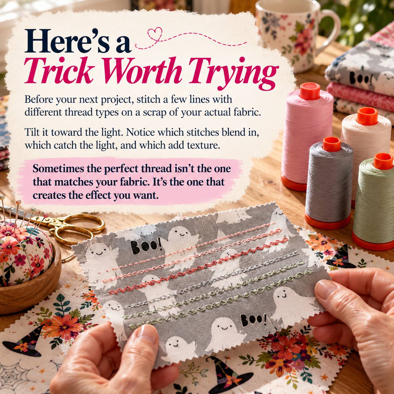 A close-up, angled view shows hands holding a gray swatch of Halloween-print fabric stitched with several lines of pink, red, gray, and pale green thr...