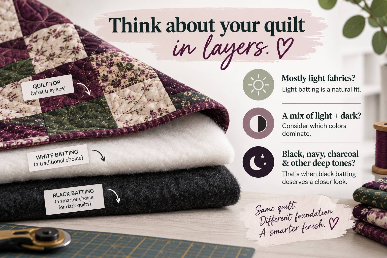 Think about your quilt in layers: a dark purple and cream quilt top stacked over white batting and black batting, with a guide showing light batting for light quilts and black batting for black, navy, and charcoal quilts