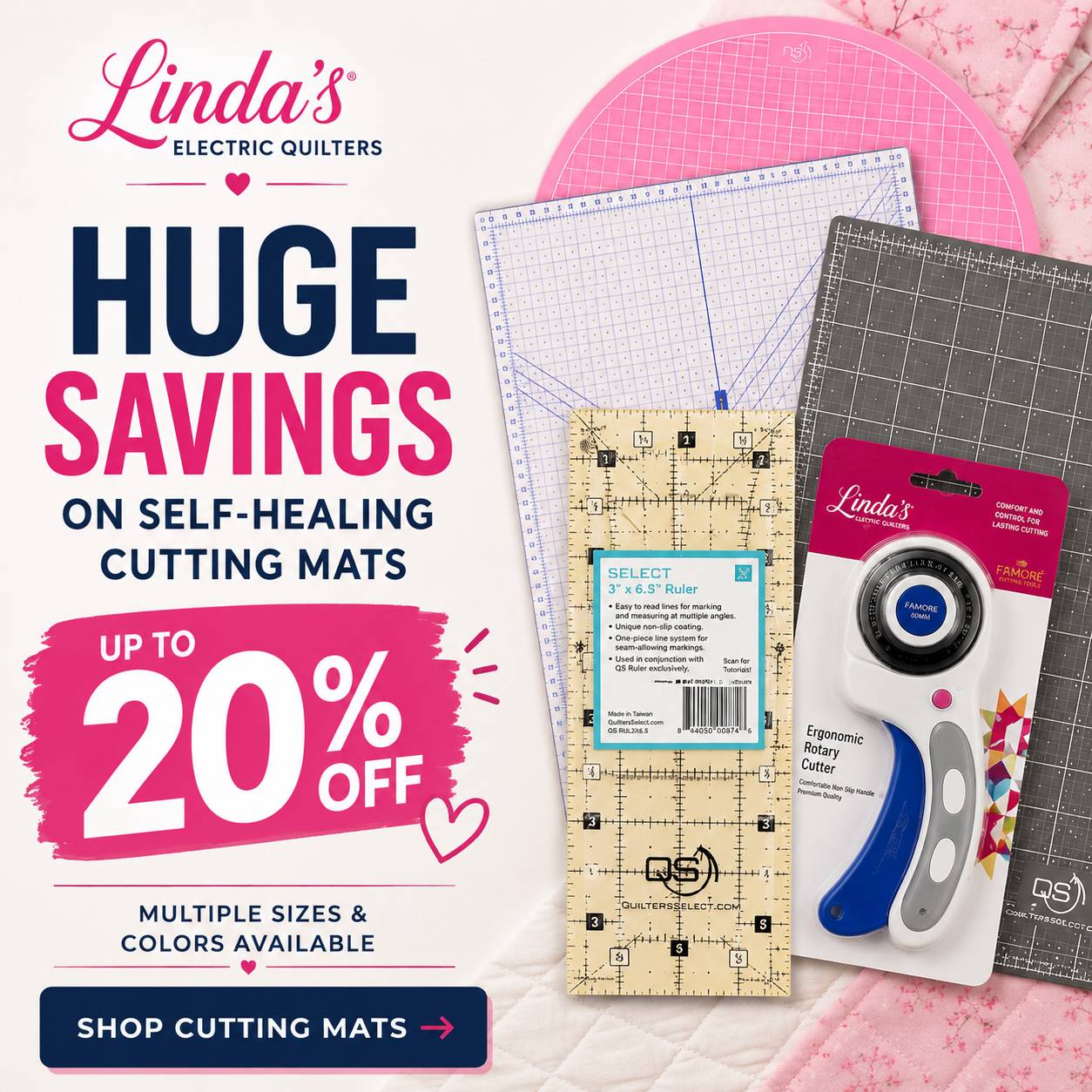 Huge savings on self-healing cutting mats — up to 20% off, multiple sizes and colors available at Linda's Quilt Shop