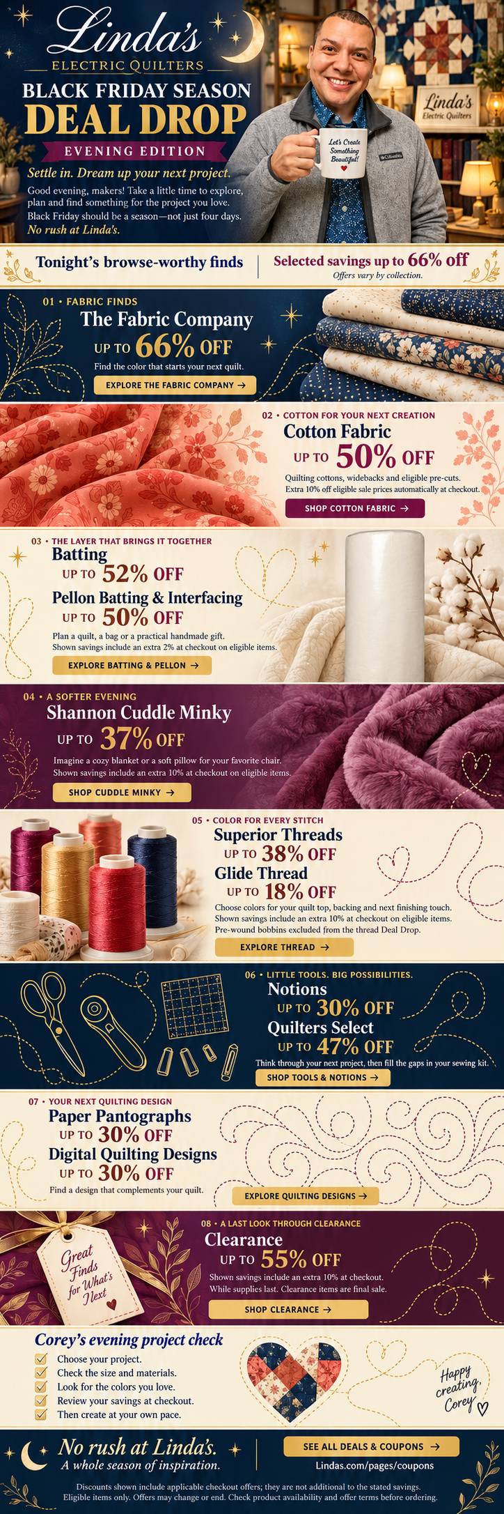 A tall, full-frame quilting sale advertisement combines a warmly lit craft-room portrait at the top with stacked navy, cream, coral, and burgundy prod...