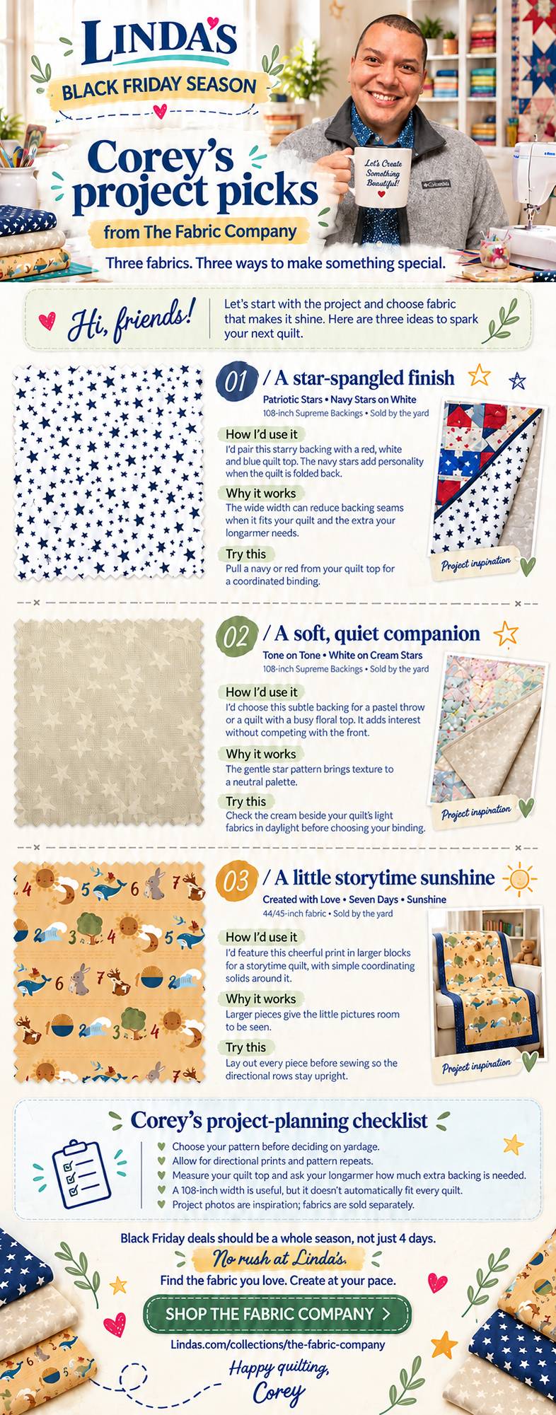 A tall, cream-colored Black Friday fabric guide combines a top photograph of a smiling man in a gray sweater holding a white mug in a bright sewing ro...