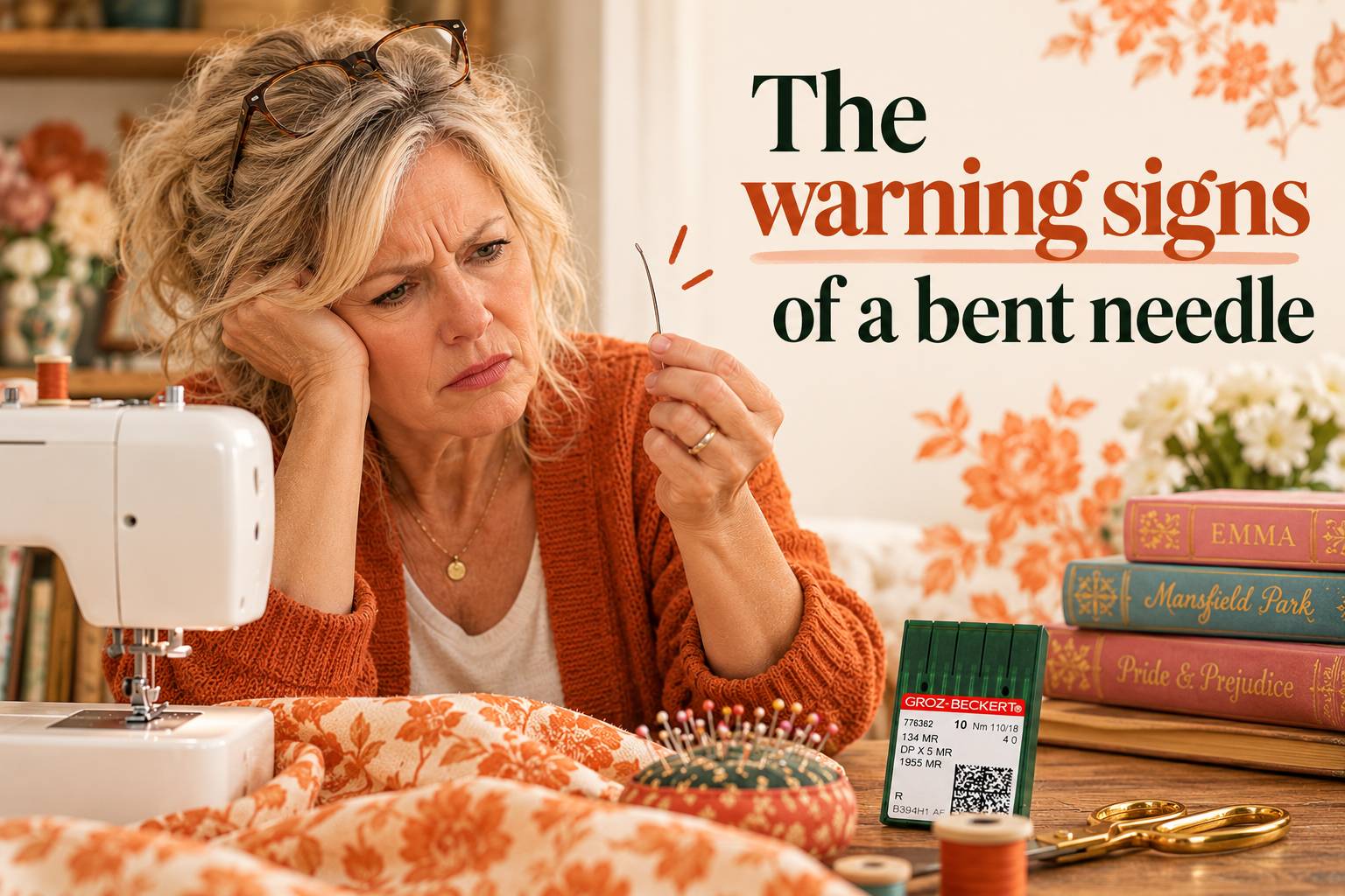 A wide, warmly lit sewing scene shows a blonde woman in an orange knit cardigan holding up a thin, curved needle beside a white sewing machine, with o...