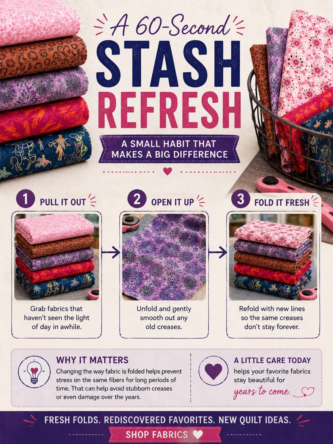 A 60-Second Stash Refresh infographic — step 1: pull out fabrics that have sat folded for months; step 2: refold along different lines; step 3: put them back where you'll see them