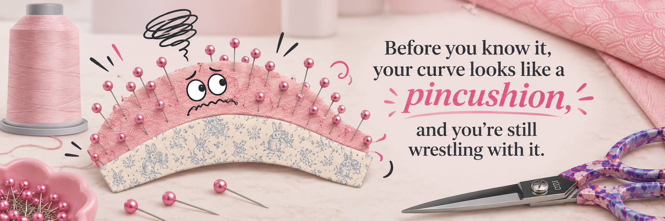 Wide, softly lit overhead still life on a pale pink surface: a curved pink patterned pincushion filled with pearl-headed pins has cartoon eyes and a w...