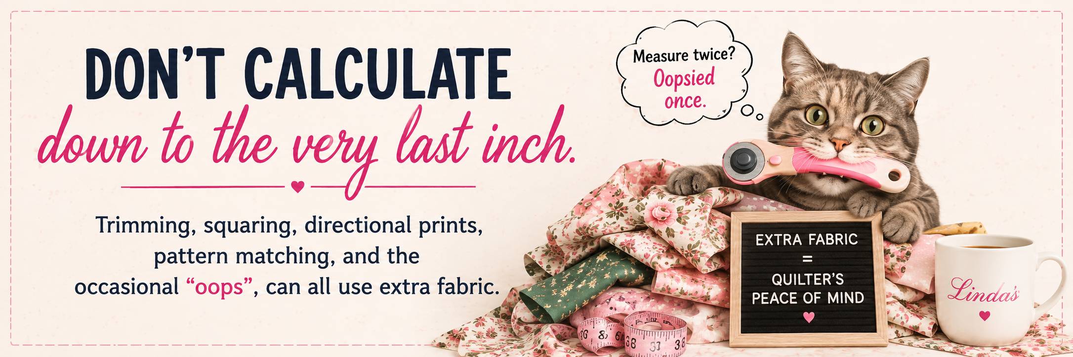 Tabby cat holding a pink rotary cutter in its mouth next to floral fabric and a measuring tape, with a sign reading Extra Fabric equals Quilter's Insurance
