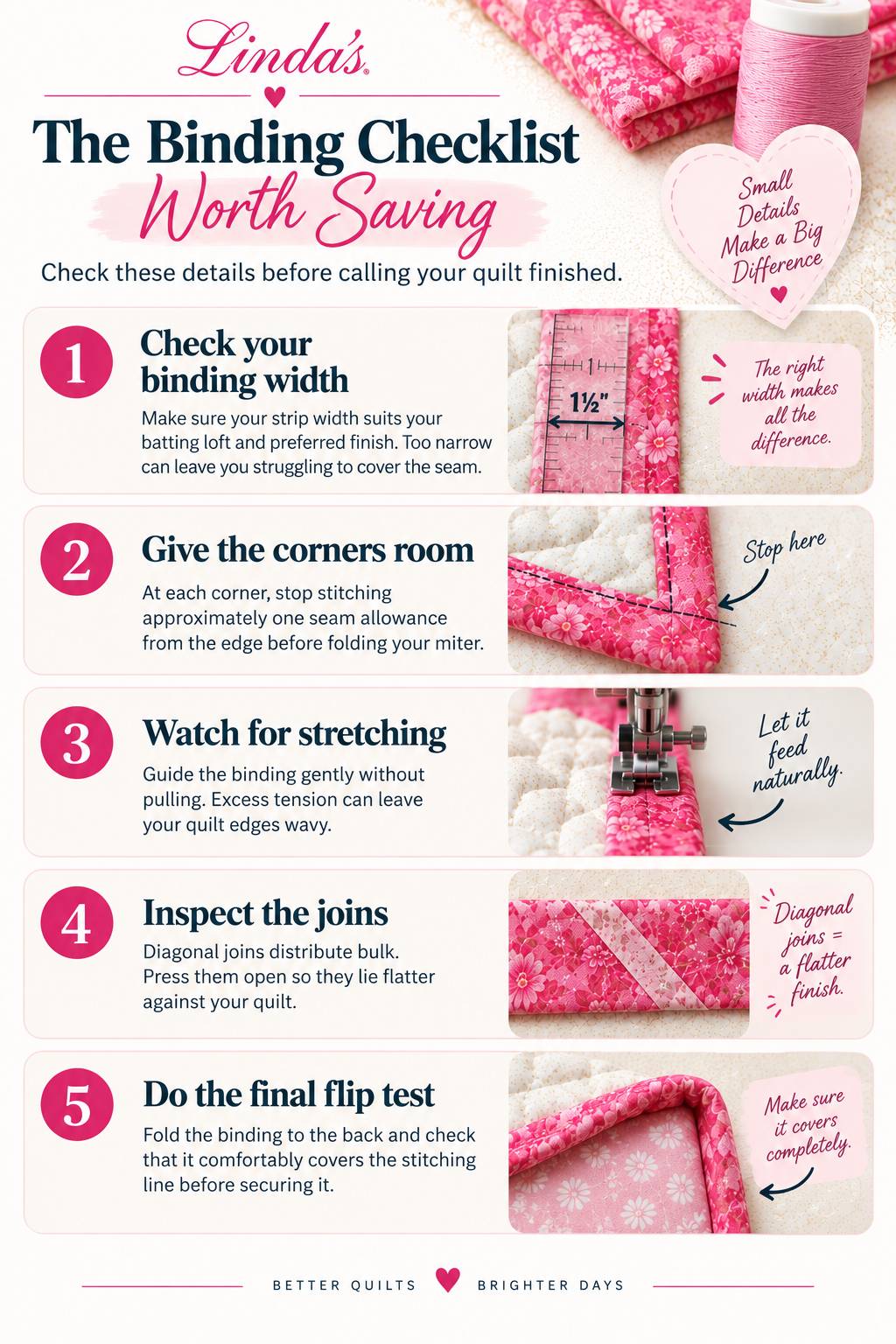 A vertical quilting infographic in a bright, softly lit overhead-style layout shows pink floral fabric, a spool of pink thread, a measuring ruler, qui...