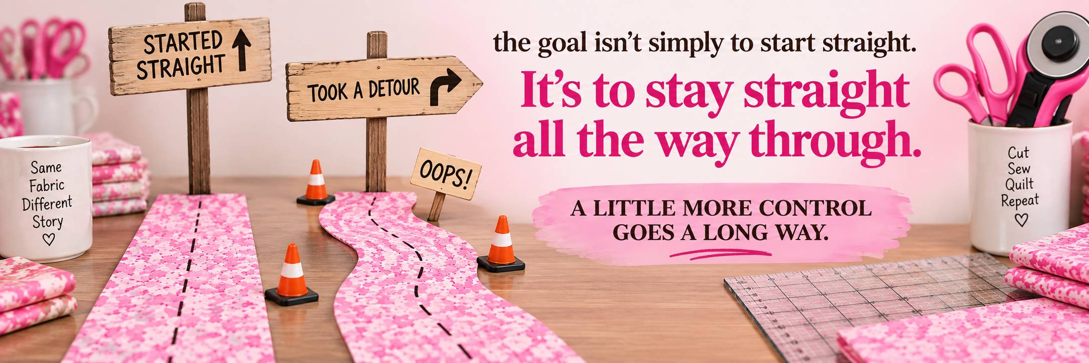 Quilting workspace with pink patterned fabric strips laid flat on a wooden cutting table beside a rotary cutter and ruler, ready for straight strip cutting