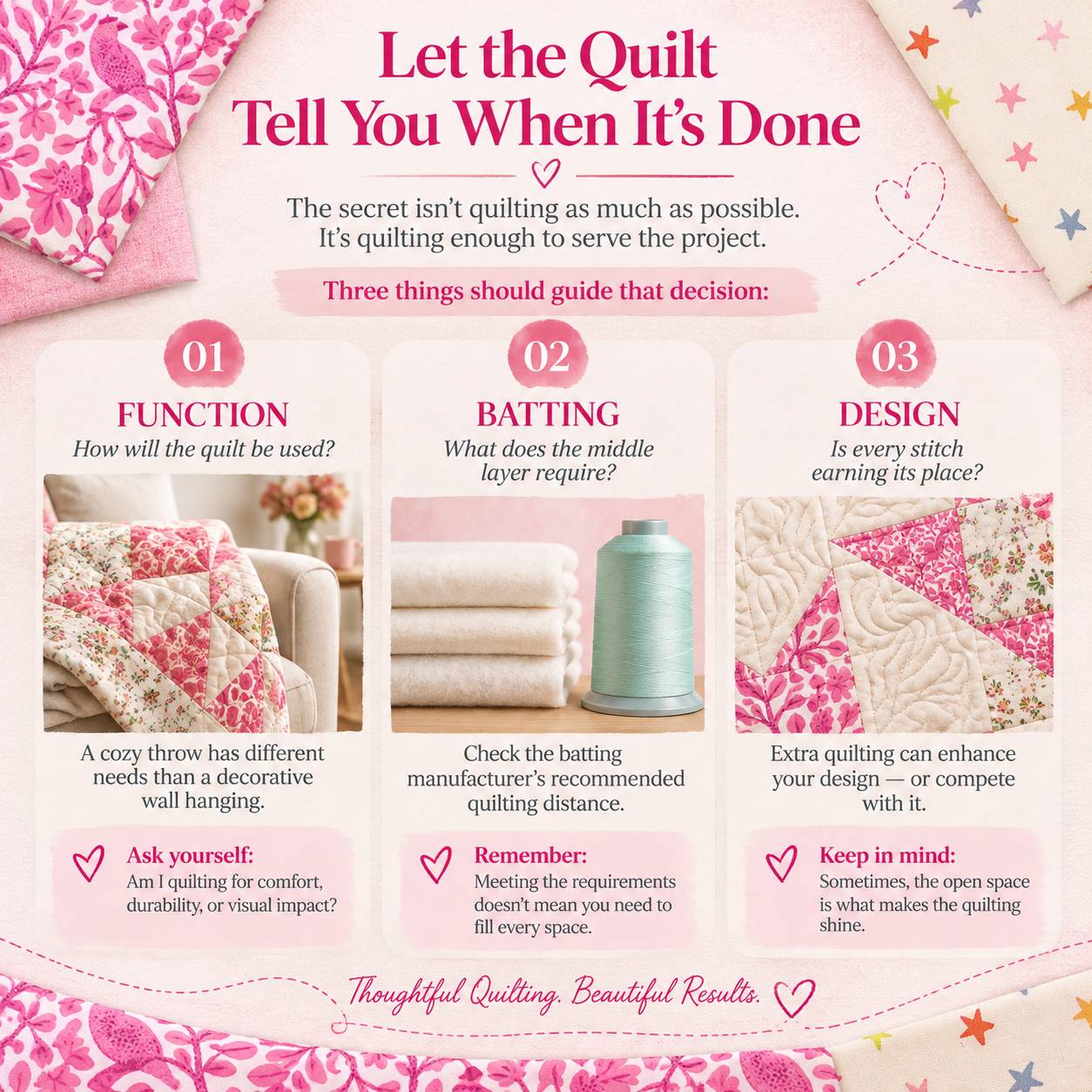 Square pastel-pink quilting infographic, viewed straight on, with a pale quilt-textured background, pink floral fabric at the upper-left and bottom ed...