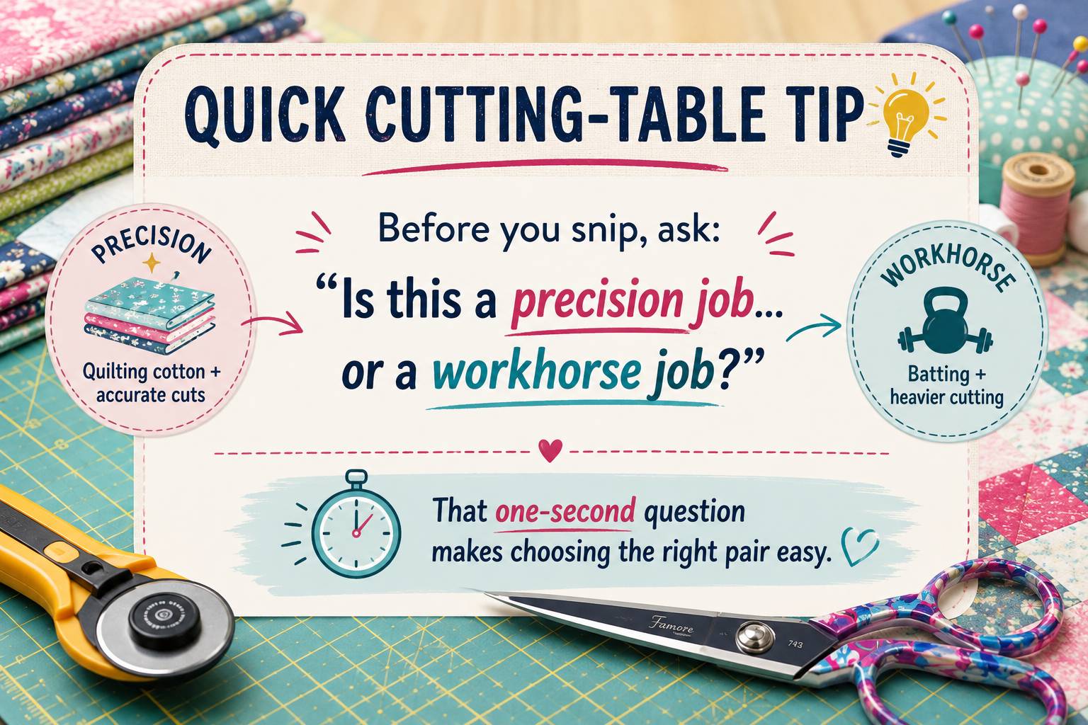 Quick cutting-table tip flat lay: before you snip, ask whether this is a precision job or a workhorse job