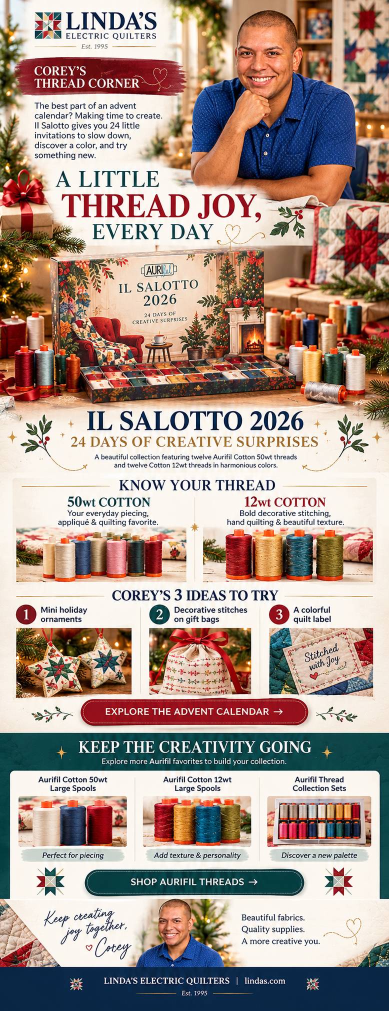 A tall, full-length holiday quilting advertisement uses a warm, brightly lit sewing-room collage, with a seated man in a blue shirt at upper right, a ...