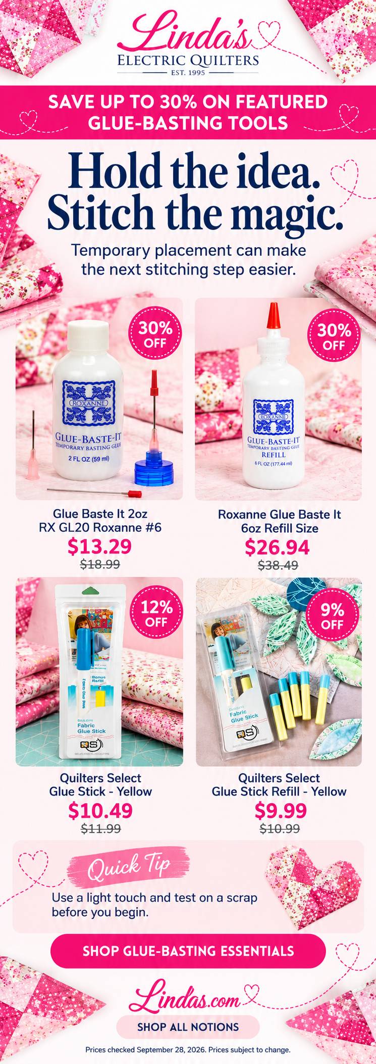A tall, pink-and-white promotional graphic with a centered layout, bright even lighting, heart motifs, and floral quilt fabric surrounding four glue-b...