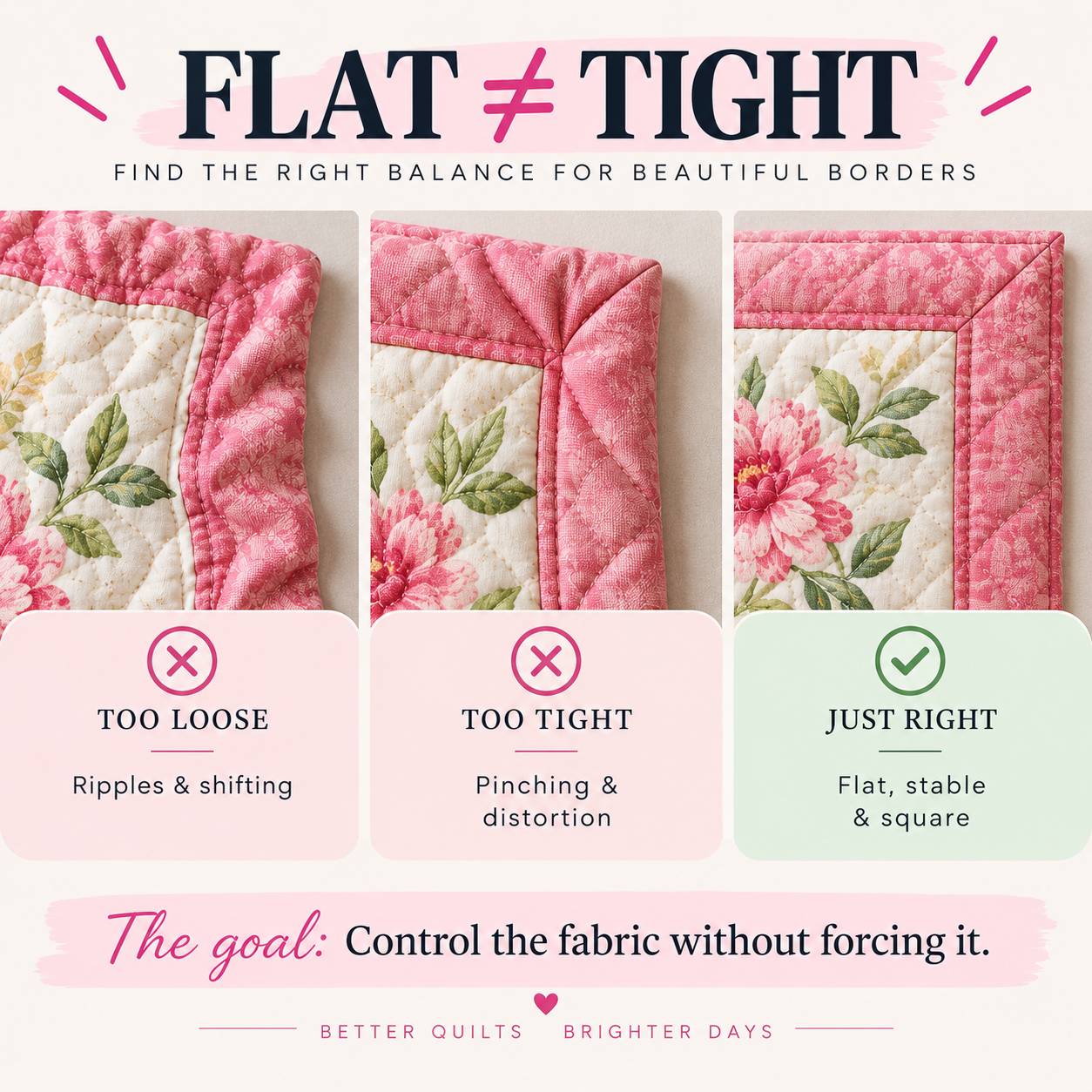 A square quilting infographic on an off-white background shows three close-up panels of pink floral quilt borders around cream floral fabric: a ripple...