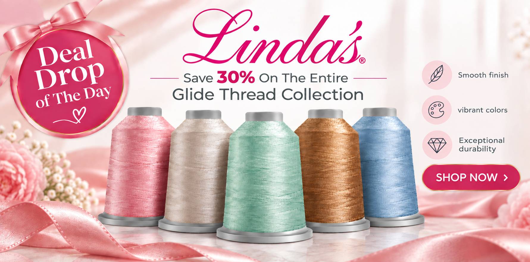 Wide promotional graphic with five large spools of textured thread in pink, ivory, mint green, copper, and blue arranged across the lower center, agai...