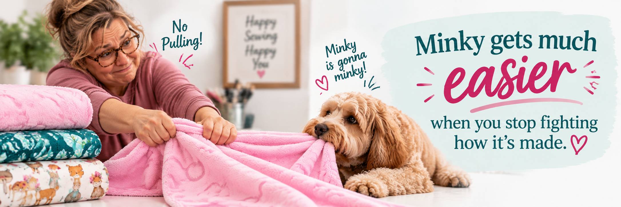 Quilter in glasses and a mauve sweater holding up a plush pink minky blanket beside a small curly-haired dog, with folded patterned fabric on the table