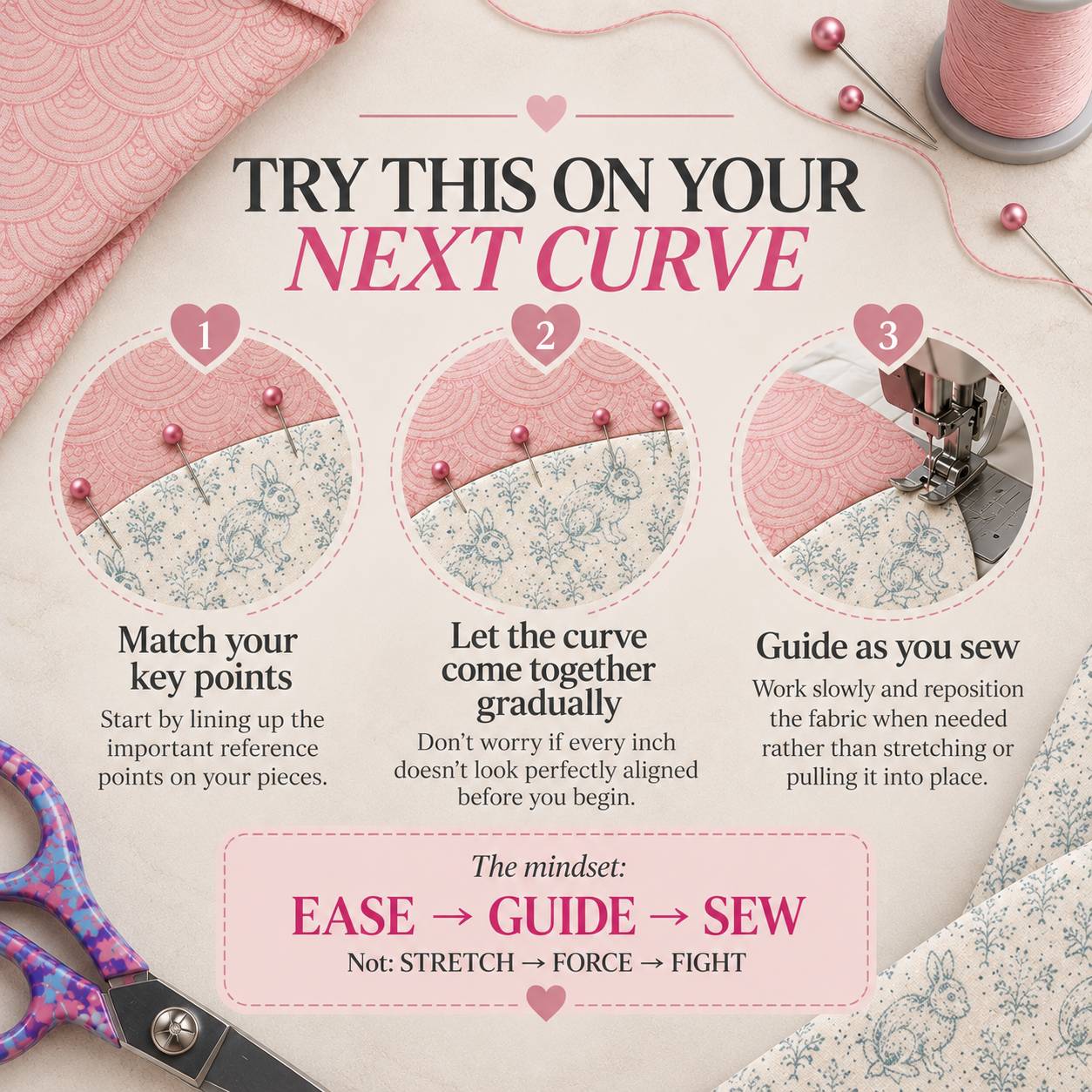 Square overhead sewing infographic on a cream surface, framed by pink patterned fabric, pink thread and pins, floral rabbit-print fabric, and blue-and...