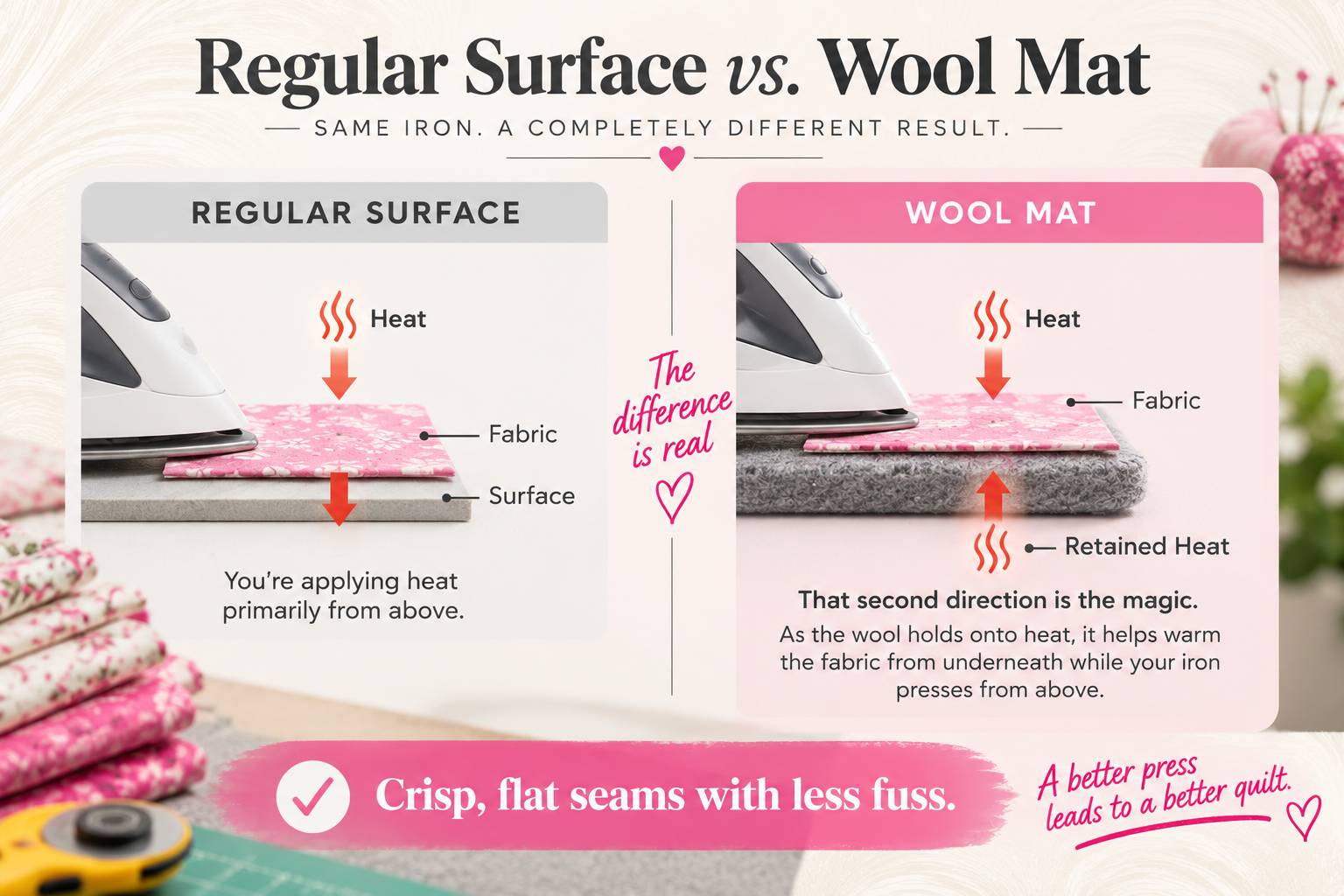 Regular surface vs. wool pressing mat comparison graphic — same iron, a completely different result on quilt seams