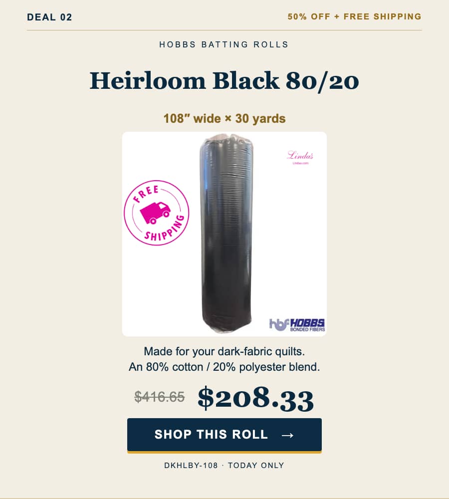 A centered, portrait-format product advertisement on a cream background shows a tall black batting roll upright in a white product image, with a magen...
