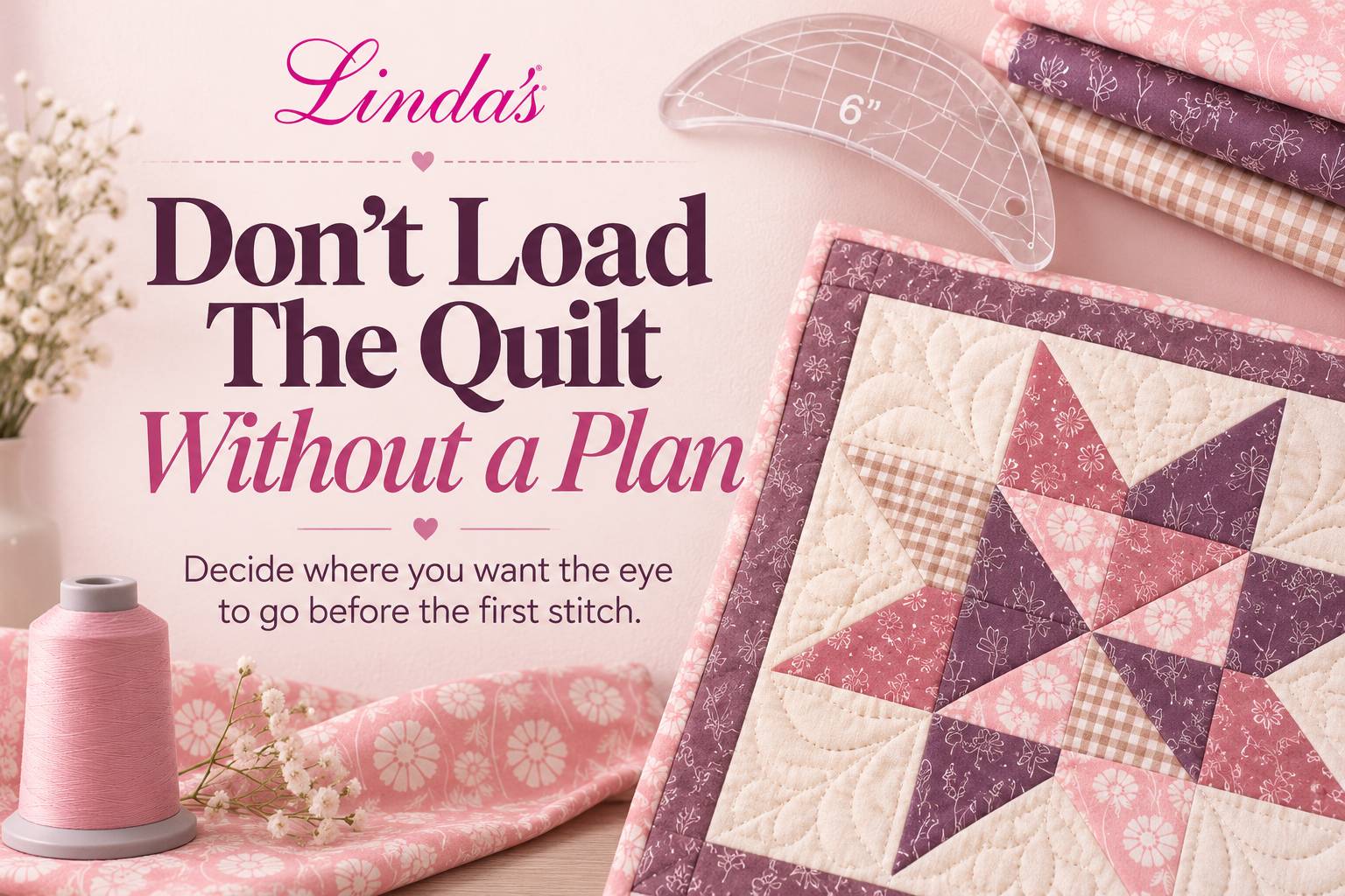 A softly lit, pastel pink quilting flat lay shows a large patchwork star quilt angled across the right side, folded floral fabrics at the upper right,...