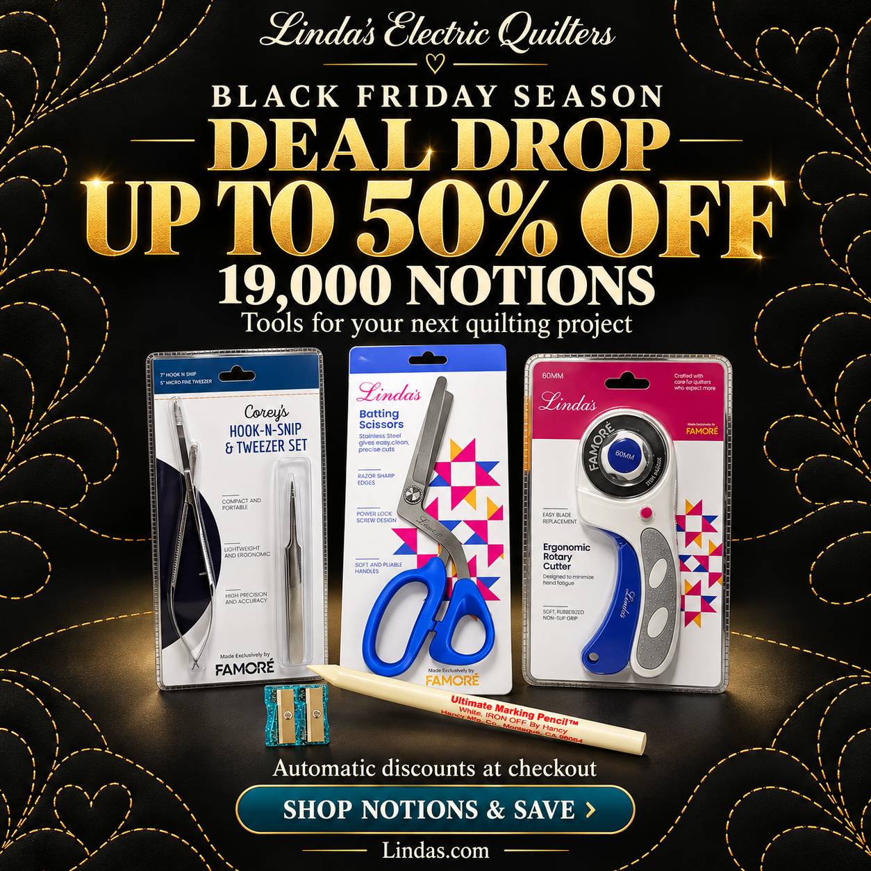 Square promotional graphic with three packaged quilting tools, scissors, a rotary cutter, tweezers, and a marking pencil arranged on a dark surface ag...