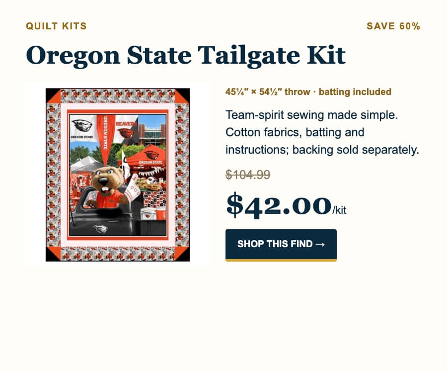 A wide, cream-colored promotional graphic shows a rectangular Oregon State-themed quilt design on the left and product details on the right, with navy...