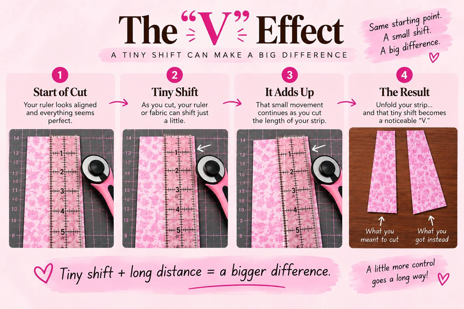 The V Effect infographic: four panels showing how a rotary cut that starts aligned with the ruler drifts a little more with every inch, so the strip opens into a V shape when unfolded