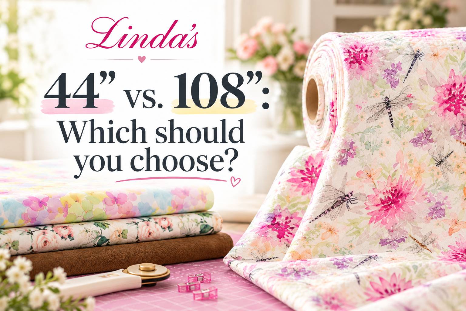 A bright, softly lit wide product display shows stacked fabric bolts on the left and a large upright roll of pale pink fabric on the right, all printe...