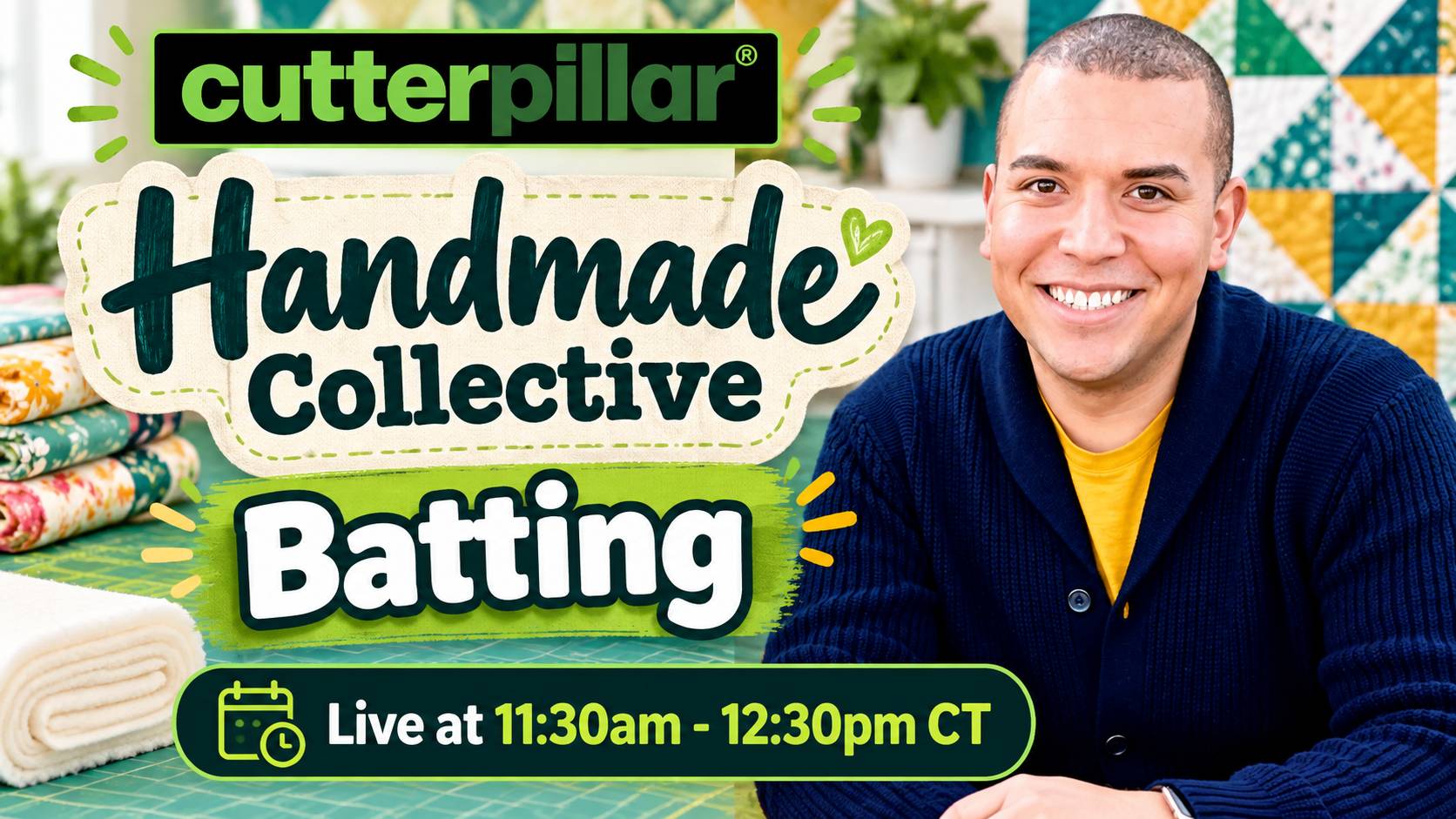 A wide promotional graphic shows a man in a navy knit cardigan over a yellow shirt seated on the right, beside folded fabrics, a white towel, a green ...