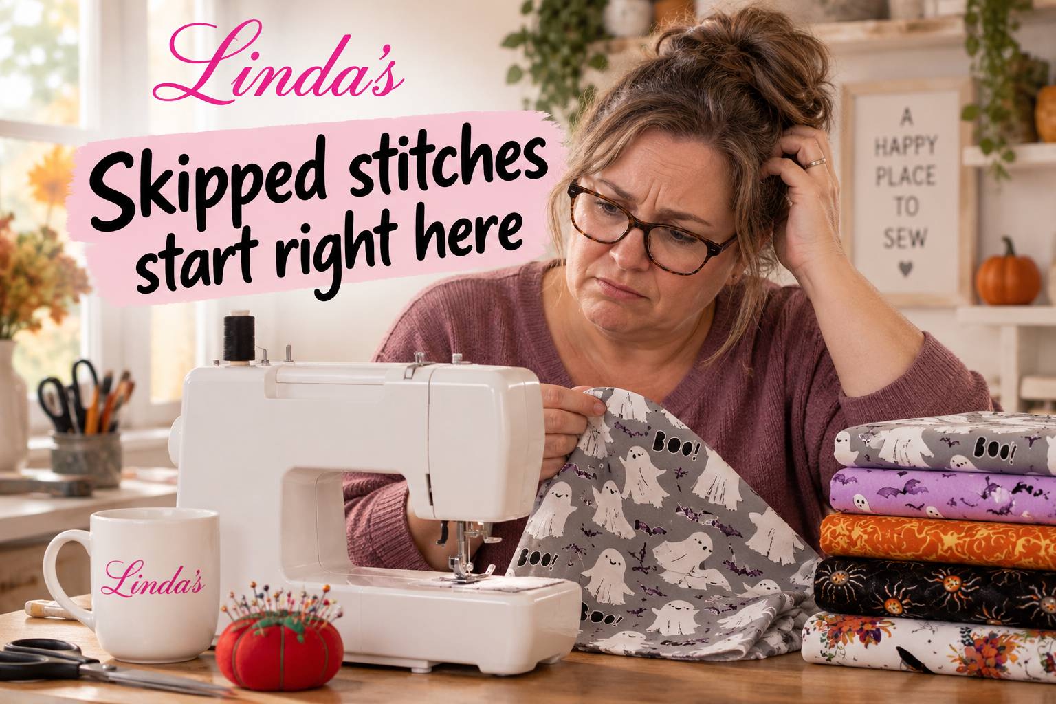 A medium-wide, warmly lit sewing-room scene shows a woman in glasses and a mauve sweater seated behind a white sewing machine, holding gray fabric pri...