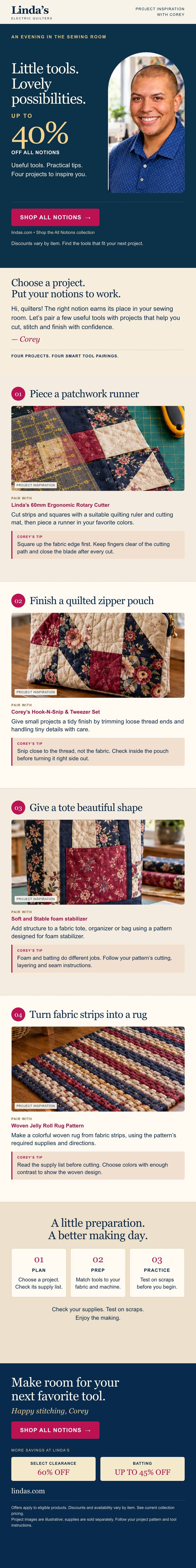 A long, vertically arranged sewing and quilting promotional email uses cream, navy, burgundy, and gold panels, with a portrait of a smiling man in a b...