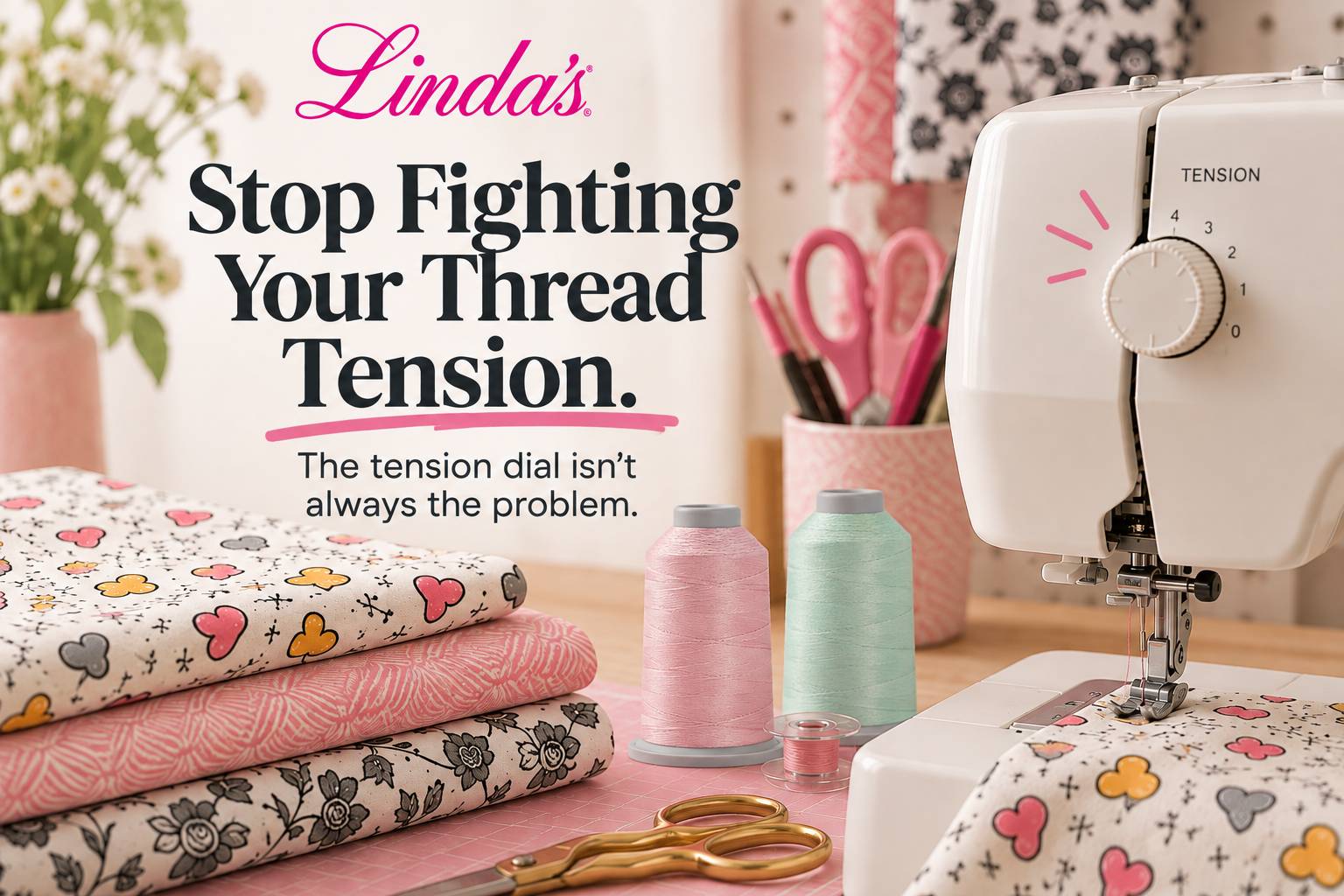 A wide, brightly lit sewing workspace features a white sewing machine on the right, folded patterned fabrics on the left, pink and mint thread spools,...