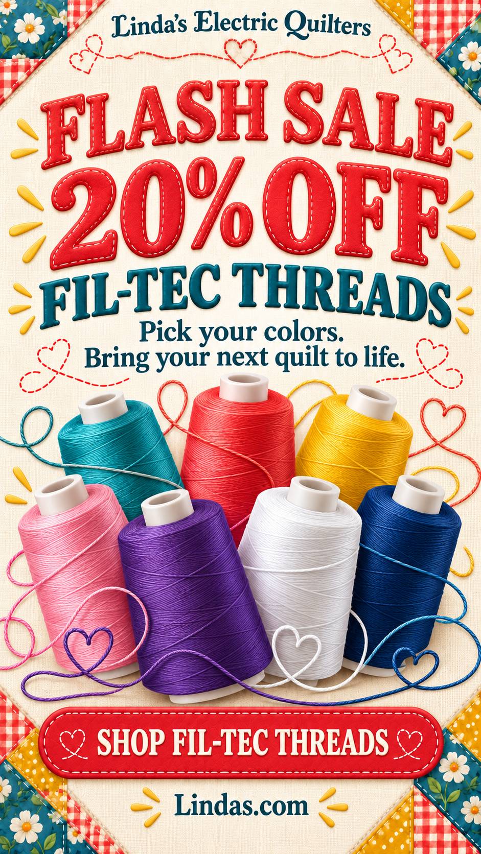 A vertical promotional graphic on a cream woven-fabric background shows eight colorful thread spools—teal, red, yellow, pink, purple, white, and blue—...