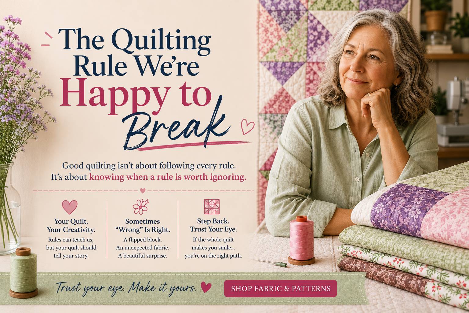 A woman sits at a table with stacks of colorful quilts and spools of thread, with text overlay reading 'The Quilting Rule We're Happy to Break', 'Good...
