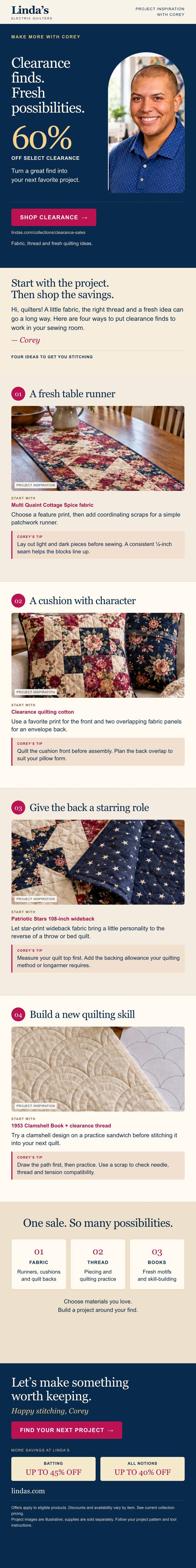 A long, vertically arranged quilting clearance email graphic uses cream, navy, burgundy, and gold panels, with a portrait of a smiling man in a blue p...