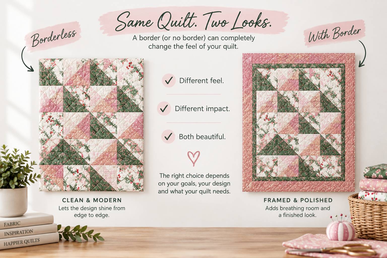 Same quilt shown two ways, with a border and without, illustrating how a border or no border completely changes the feel of a finished quilt.