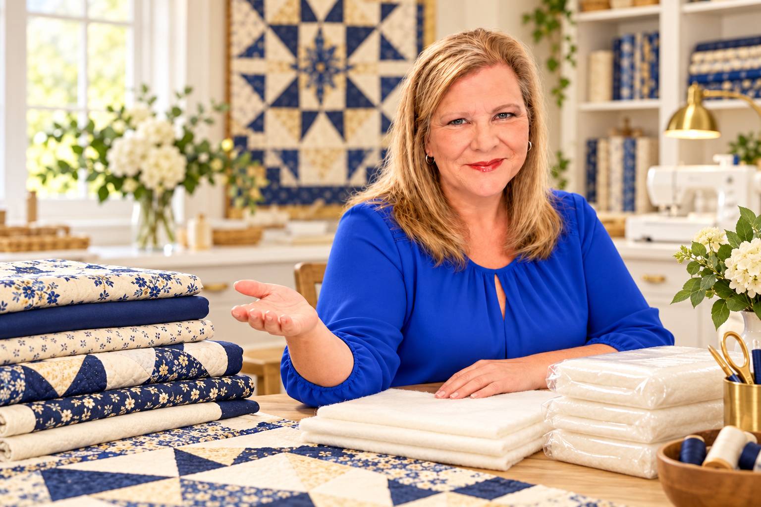 A medium-wide, eye-level view shows a woman in a bright blue blouse seated behind a worktable, with one hand extended beside stacks of folded blue-and...
