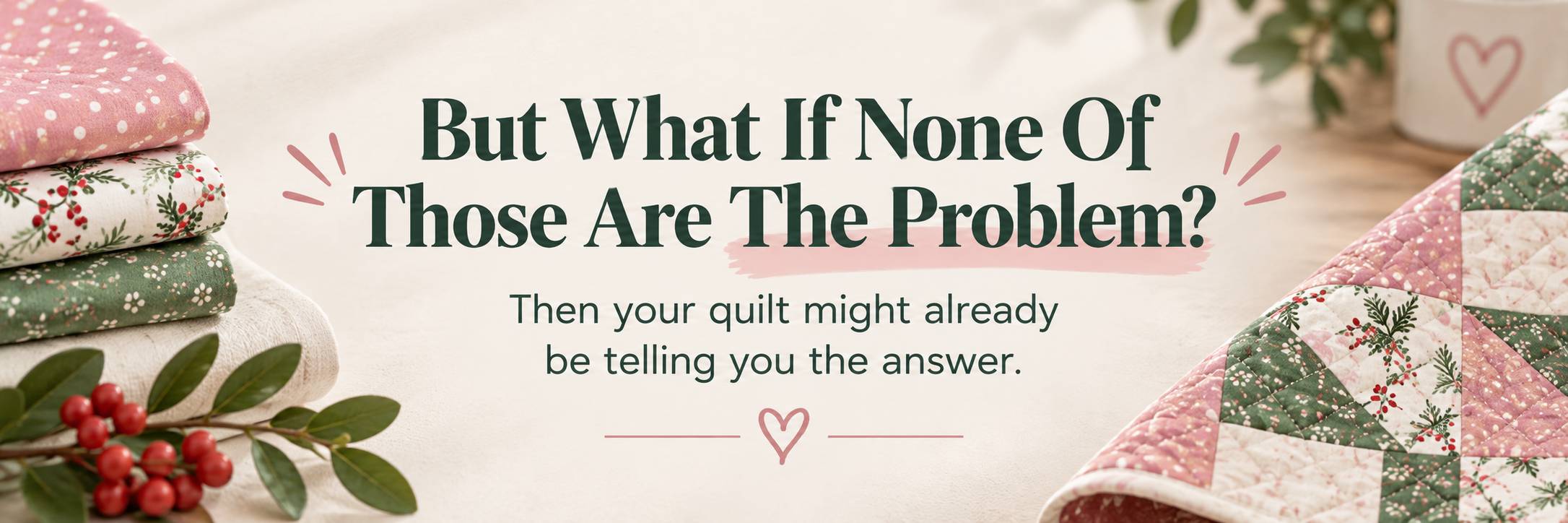 Stack of patterned quilting fabrics beside a finished quilt with the text: But what if none of those are the problem? Then your quilt might already be finished.